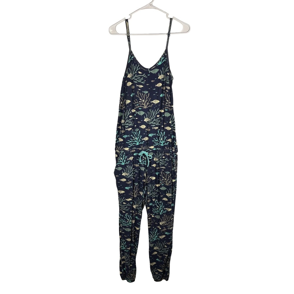 Munki Munki Women Medium Blue Bamboo Blend Ocean Fish Coral Jumpsuit Loungewear